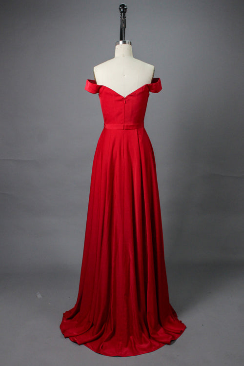 Elegant Simplicity Satin Off-Shoulder Slit Prom Gown  Wholesale 32566E