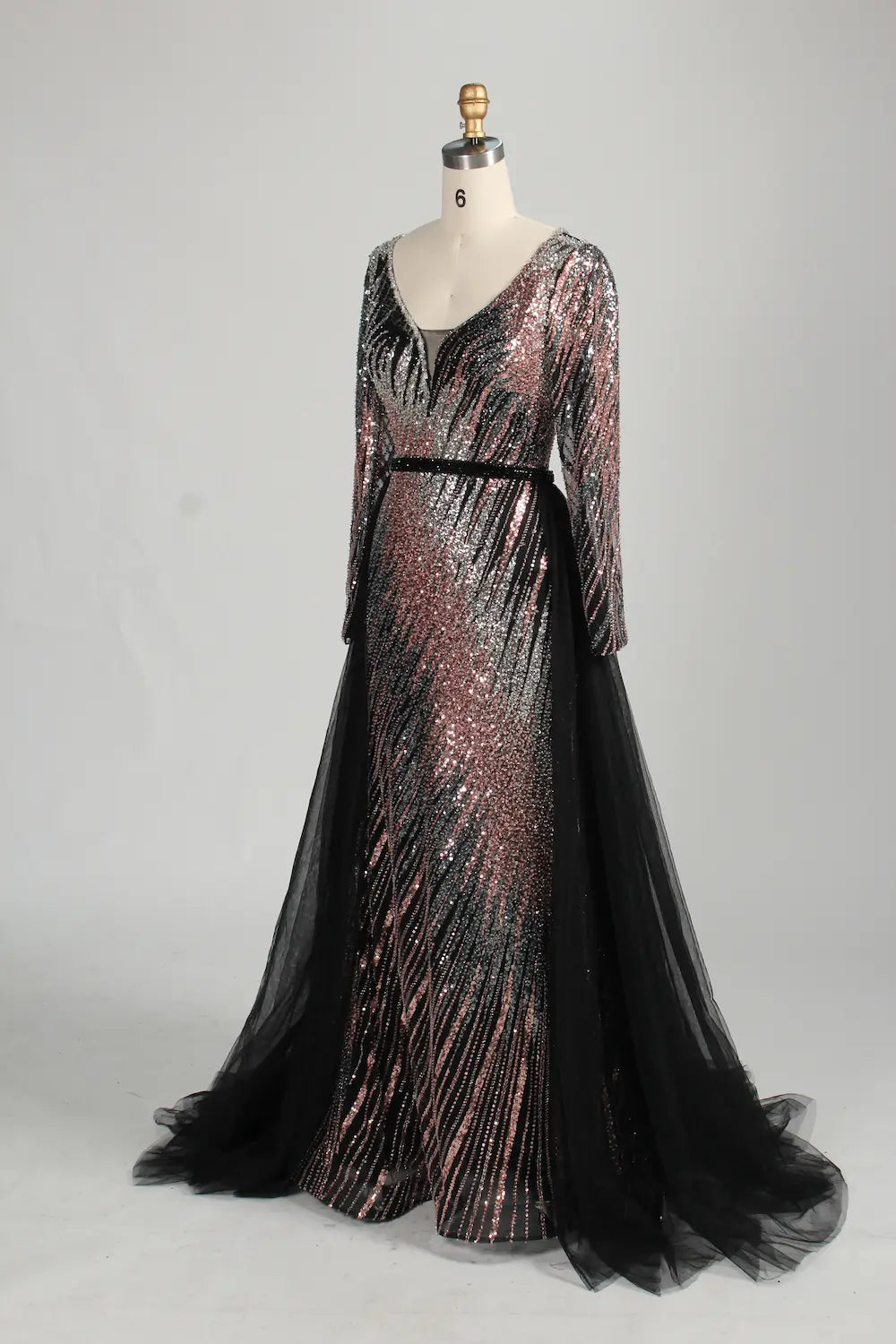 Black Long Sleeve Sequined Mermaid Overskirt Mother of the Bride Dress MC142