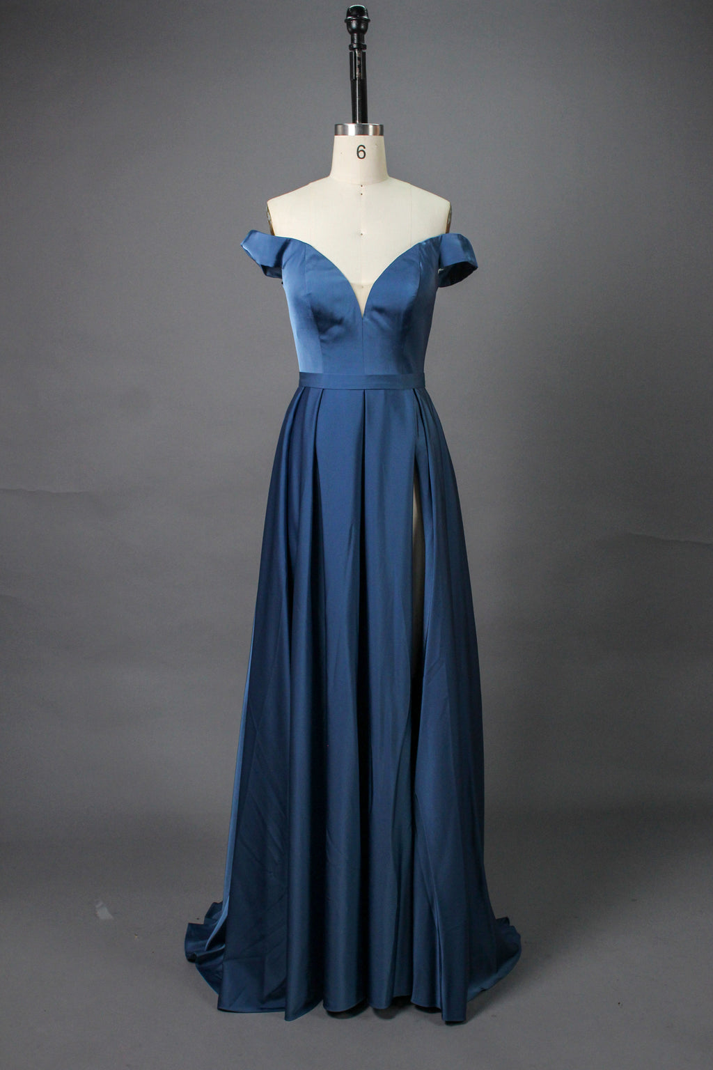 Elegant Simplicity Satin Off-Shoulder Slit Prom Gown  Wholesale 32566E