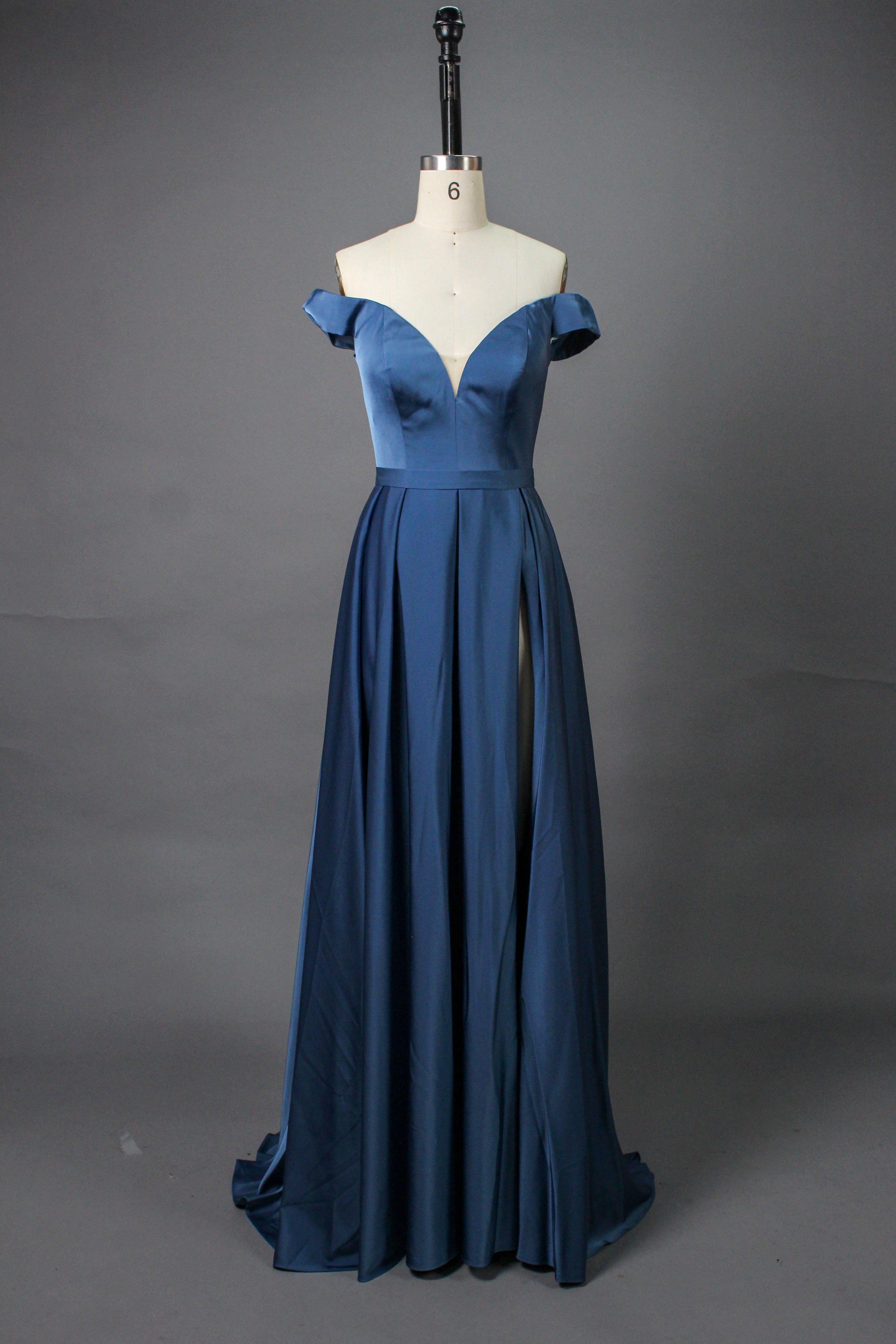 Elegant Simplicity Satin Off-Shoulder Slit Prom Gown  Wholesale 32566E