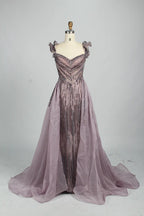 Beaded Sage Green Off the Shoulder Evening Dress with Overskirt MK152