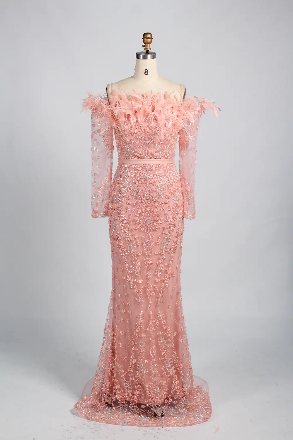 Sophisticated Off-the-Shoulder Beaded Mother of the Bride Dress with Feather Trim KY037