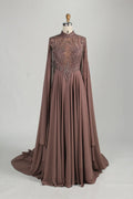 High-Neck Beaded A-Line Cape Sleeves Mother of the Bride Dress MC154