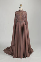 High-Neck Beaded A-Line Cape Sleeves Mother of the Bride Dress MC154