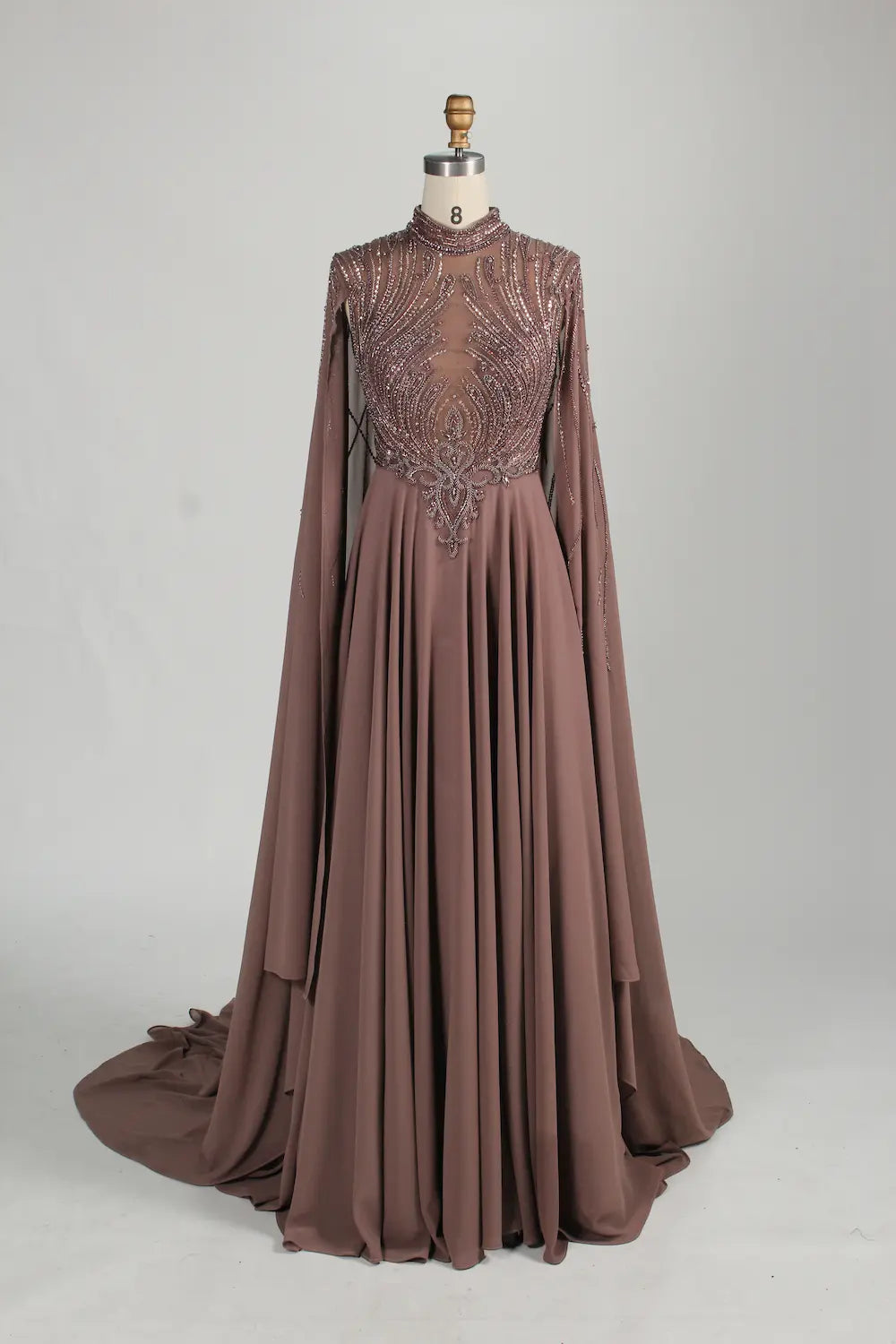 High-Neck Beaded A-Line Cape Sleeves Mother of the Bride Dress MC154