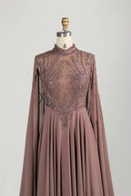 High-Neck Beaded A-Line Cape Sleeves Mother of the Bride Dress MC154