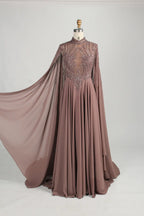 High-Neck Beaded A-Line Cape Sleeves Mother of the Bride Dress MC154