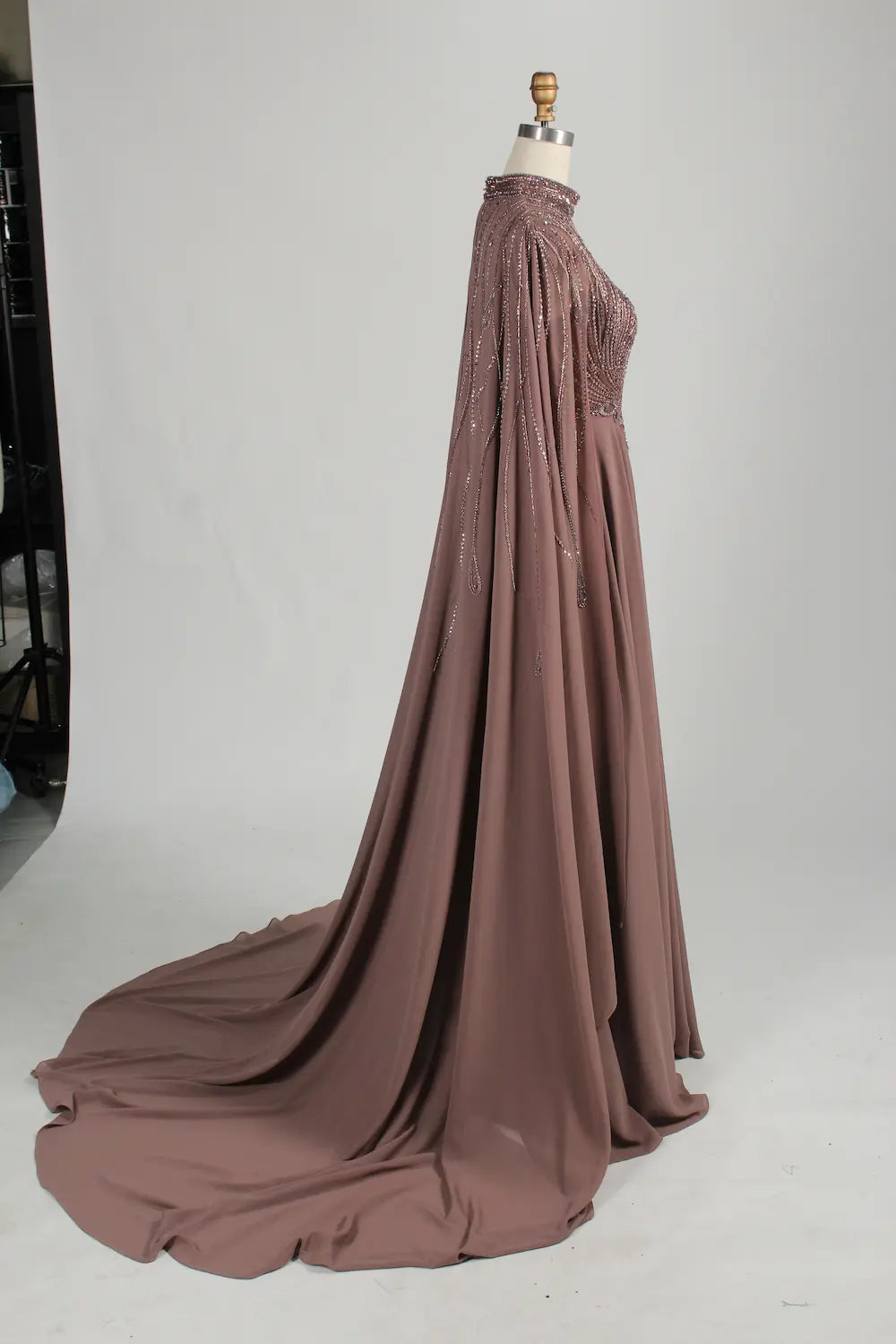 High-Neck Beaded A-Line Cape Sleeves Mother of the Bride Dress MC154