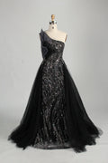 Black One Shoulder Beaded Mermaid Tulle Overskirt Mother of the Bride Dress MC143