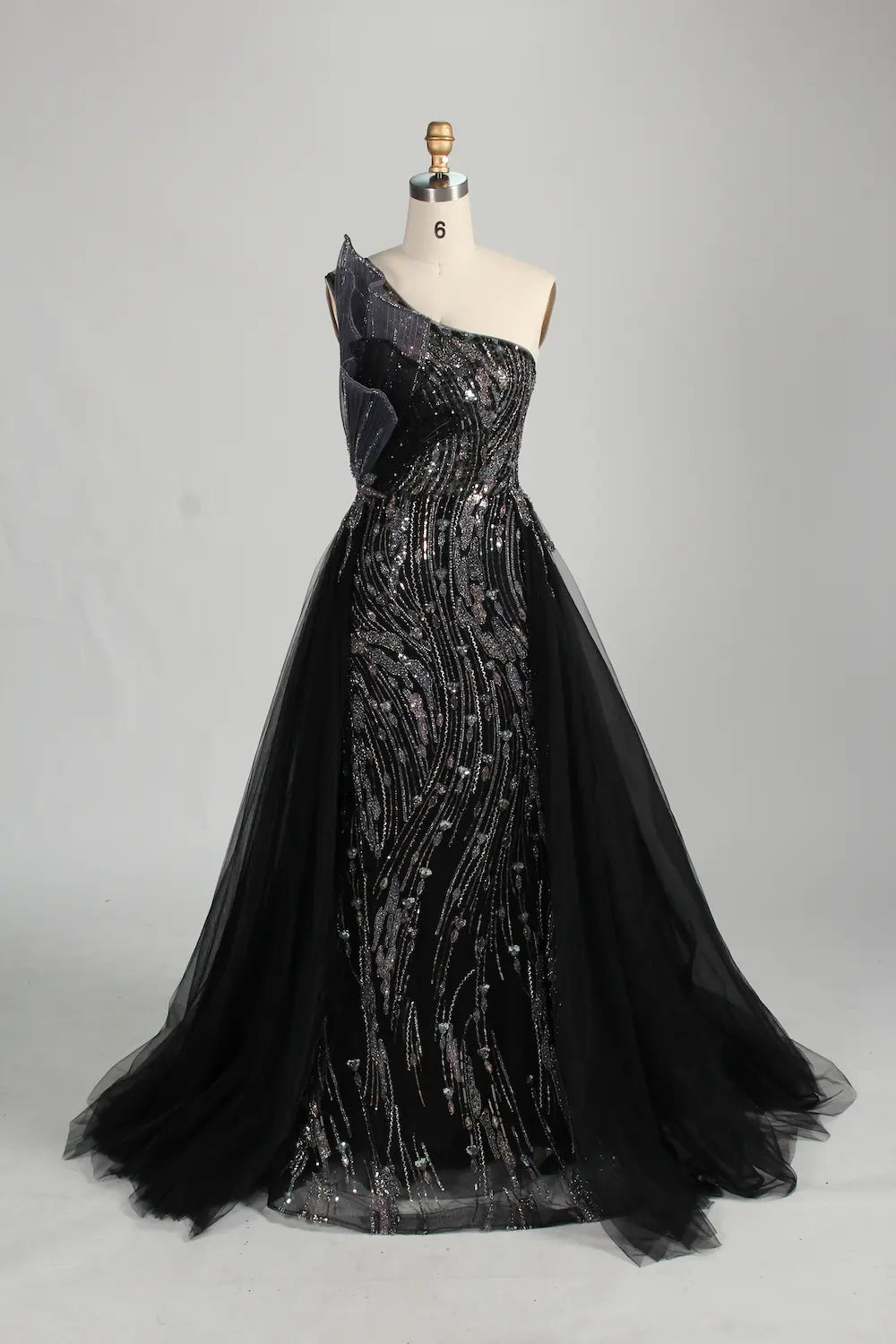 Black One Shoulder Beaded Mermaid Tulle Overskirt Mother of the Bride Dress MC143
