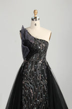 Black One Shoulder Beaded Mermaid Tulle Overskirt Mother of the Bride Dress MC143
