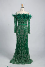 Sophisticated Off-the-Shoulder Beaded Mother of the Bride Dress with Feather Trim KY037