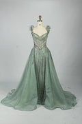 Beaded Sage Green Off the Shoulder Evening Dress with Overskirt MK152
