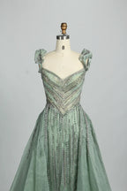 Beaded Sage Green Off the Shoulder Evening Dress with Overskirt MK152