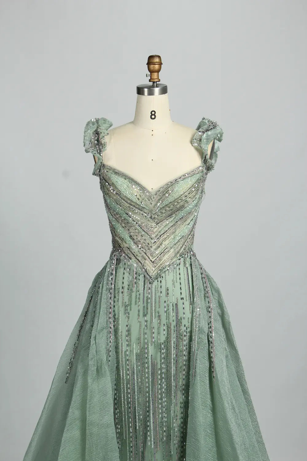 Beaded Sage Green Off the Shoulder Evening Dress with Overskirt MK152
