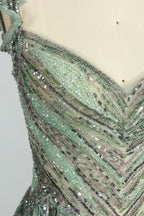 Beaded Sage Green Off the Shoulder Evening Dress with Overskirt MK152