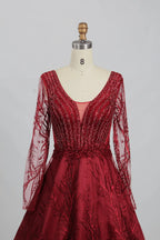 Red Lace A-Line Mother of the Bride Dress with Long Sleeves KS015B