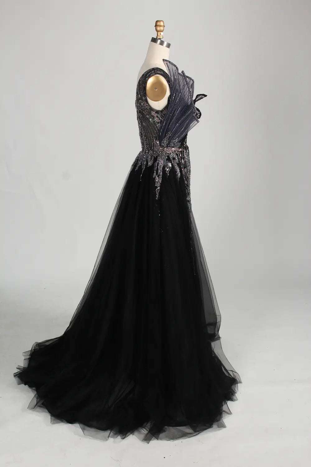 Black One Shoulder Beaded Mermaid Tulle Overskirt Mother of the Bride Dress MC143
