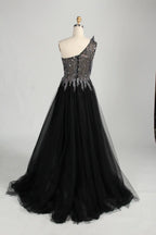 Black One Shoulder Beaded Mermaid Tulle Overskirt Mother of the Bride Dress MC143