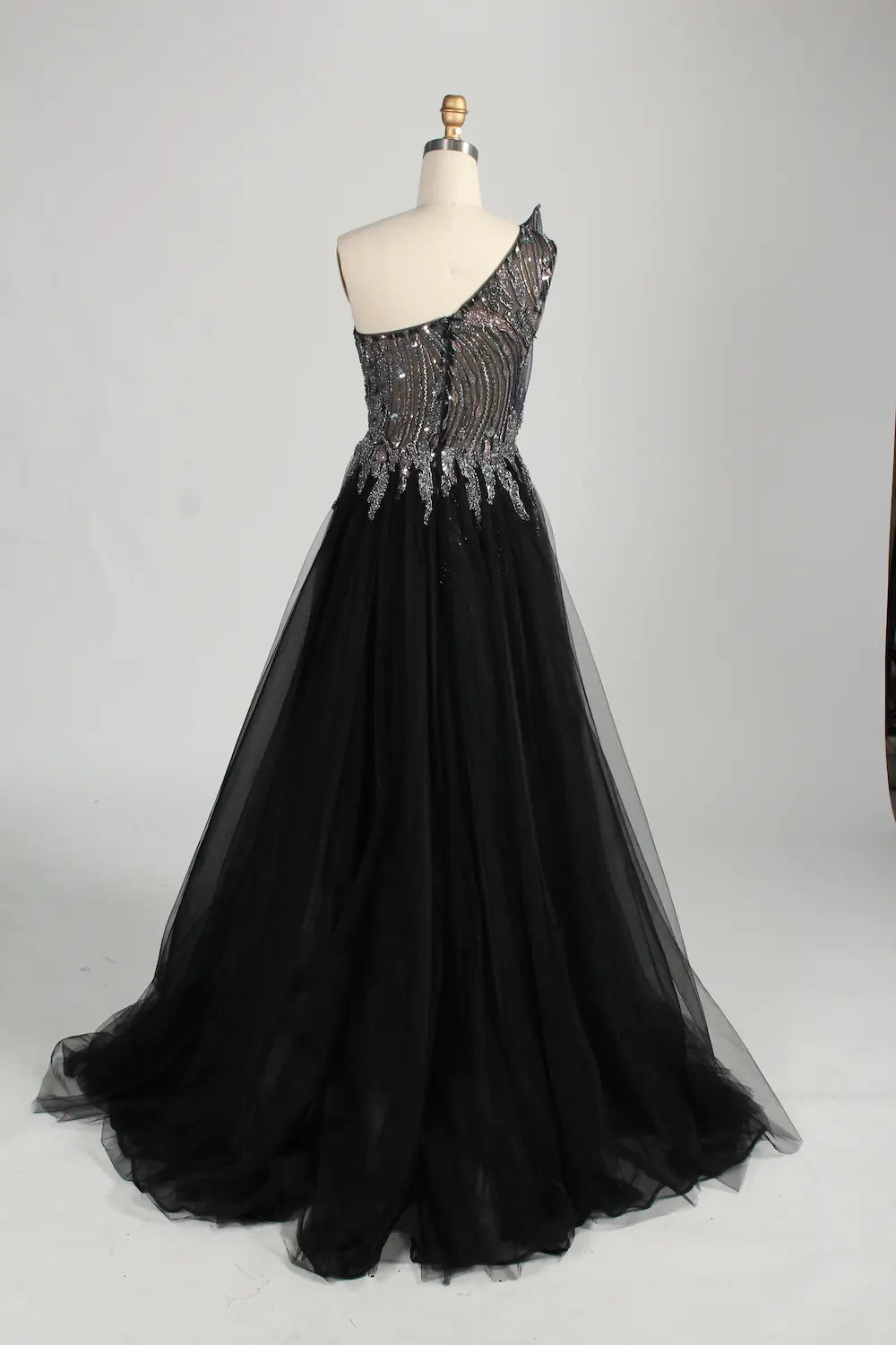 Black One Shoulder Beaded Mermaid Tulle Overskirt Mother of the Bride Dress MC143