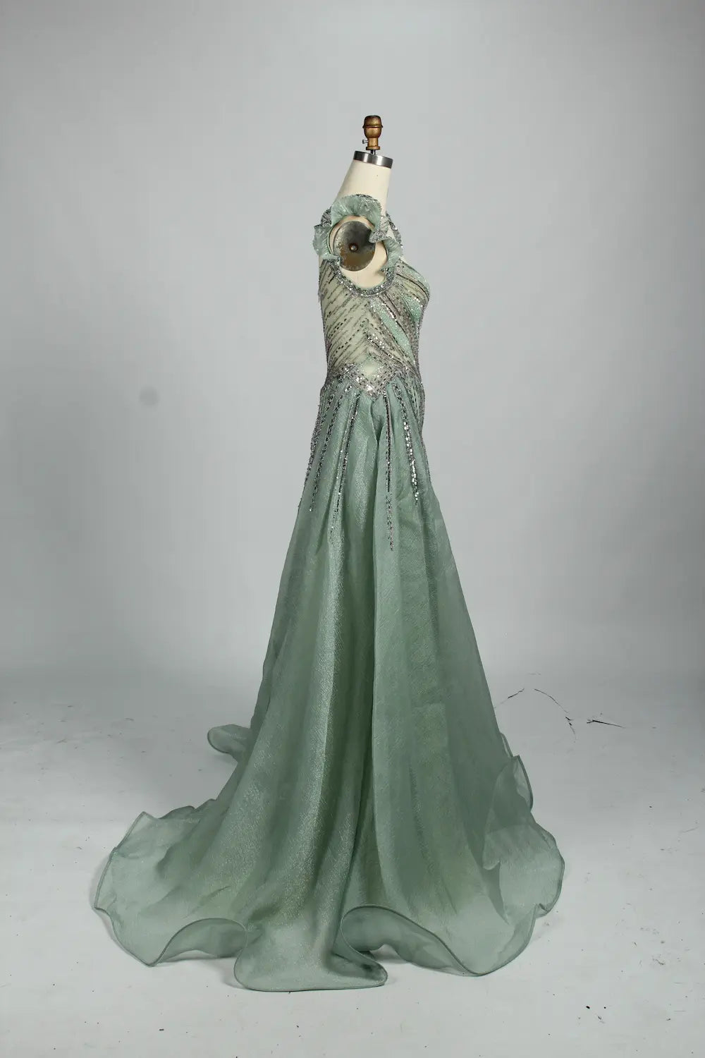 Beaded Sage Green Off the Shoulder Evening Dress with Overskirt MK152