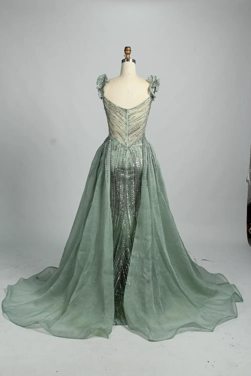 Beaded Sage Green Off the Shoulder Evening Dress with Overskirt MK152