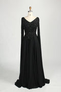 Black Beaded V-Neck A-Line Long Cape Sleeves Mother of the Bride Dress MC155