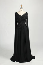 Black Beaded V-Neck A-Line Long Cape Sleeves Mother of the Bride Dress MC155
