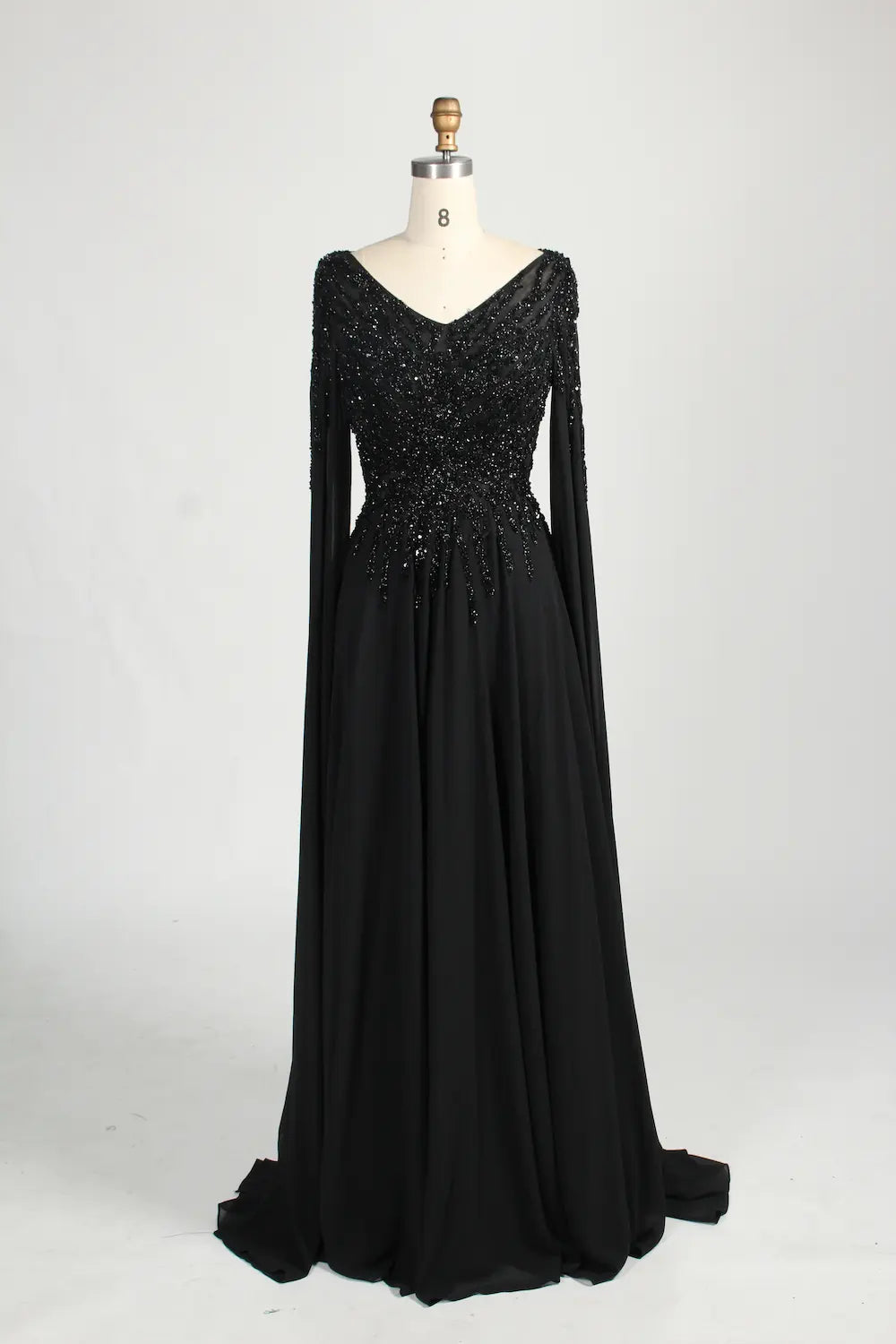 Black Beaded V-Neck A-Line Long Cape Sleeves Mother of the Bride Dress MC155