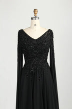 Black Beaded V-Neck A-Line Long Cape Sleeves Mother of the Bride Dress MC155