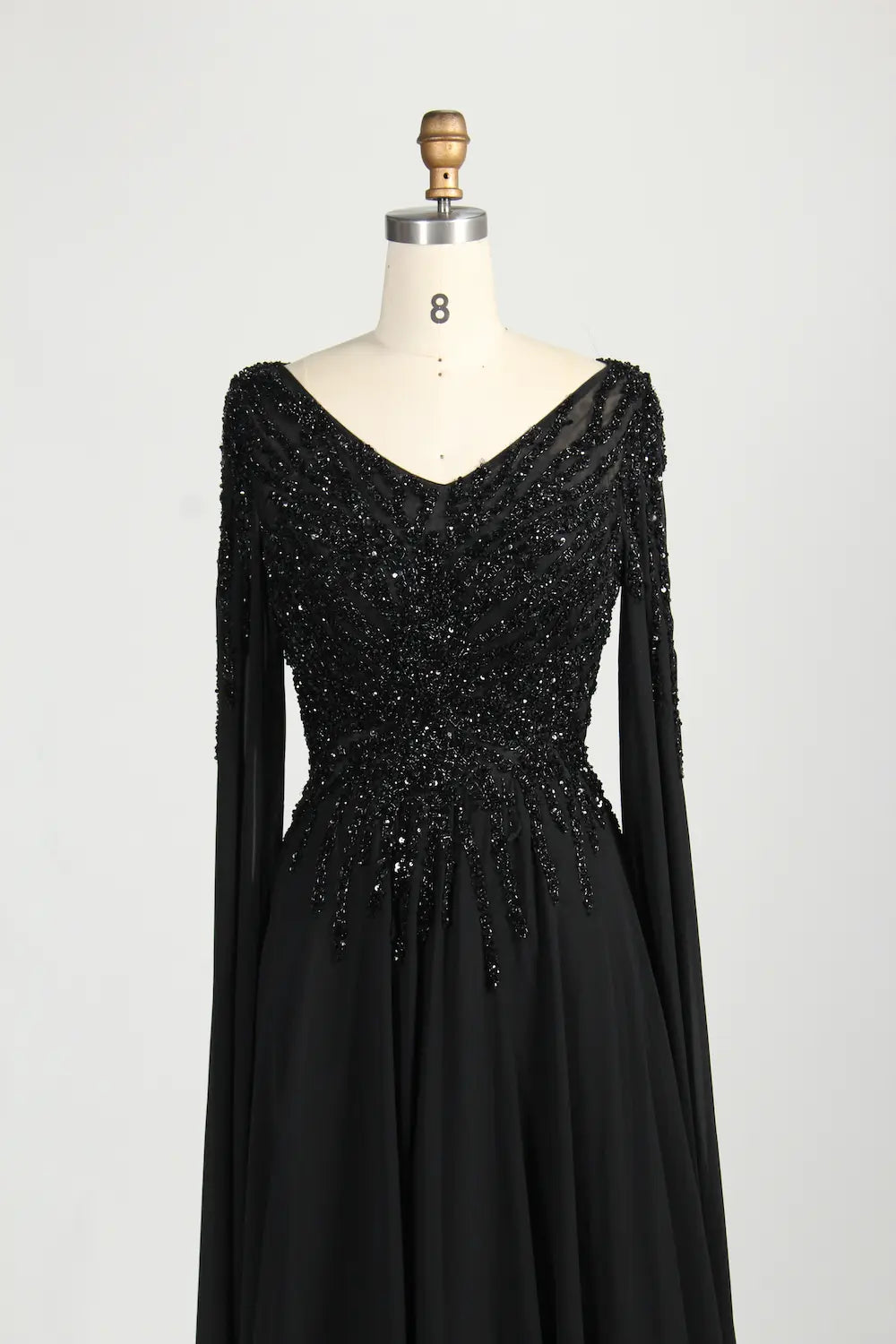 Black Beaded V-Neck A-Line Long Cape Sleeves Mother of the Bride Dress MC155
