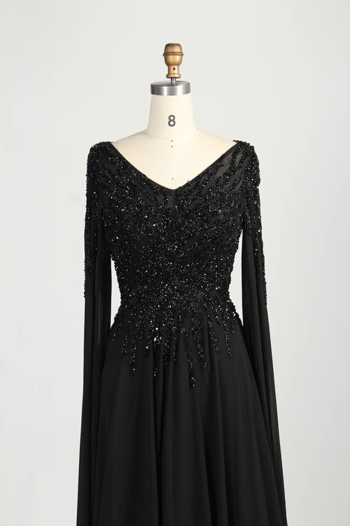 Black Beaded V-Neck A-Line Long Cape Sleeves Mother of the Bride Dress MC155