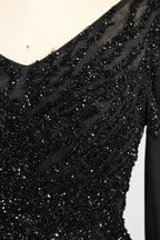 Black Beaded V-Neck A-Line Long Cape Sleeves Mother of the Bride Dress MC155