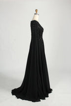 Black Beaded V-Neck A-Line Long Cape Sleeves Mother of the Bride Dress MC155