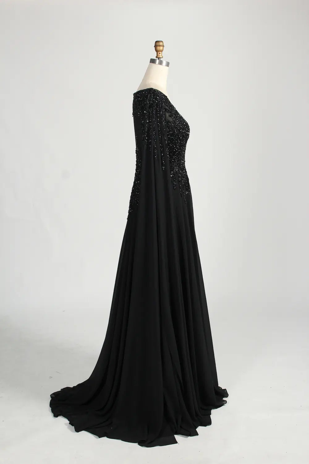 Black Beaded V-Neck A-Line Long Cape Sleeves Mother of the Bride Dress MC155