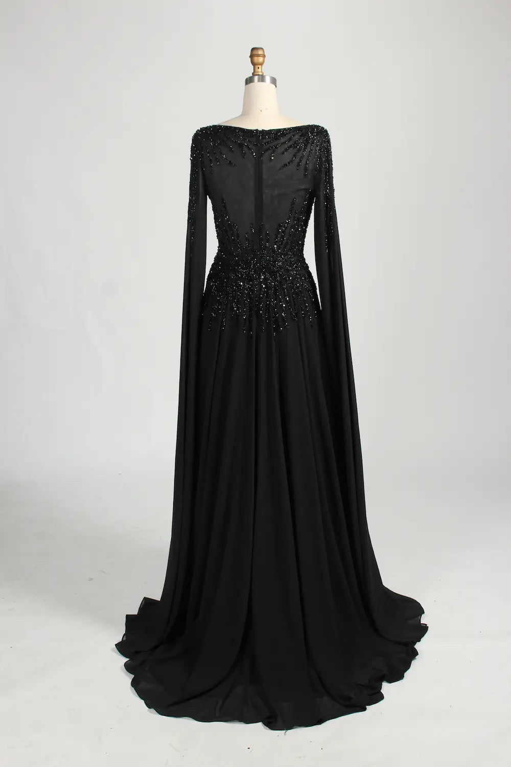Black Beaded V-Neck A-Line Long Cape Sleeves Mother of the Bride Dress MC155