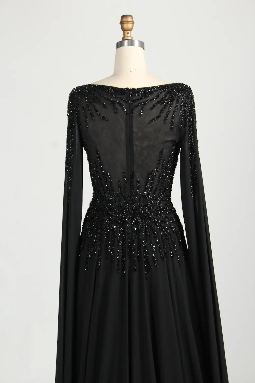 Black Beaded V-Neck A-Line Long Cape Sleeves Mother of the Bride Dress MC155