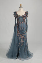Blue Long Sleeve Sequine Beaded Long Sleeves Side Overskirt MOB Dress MC144