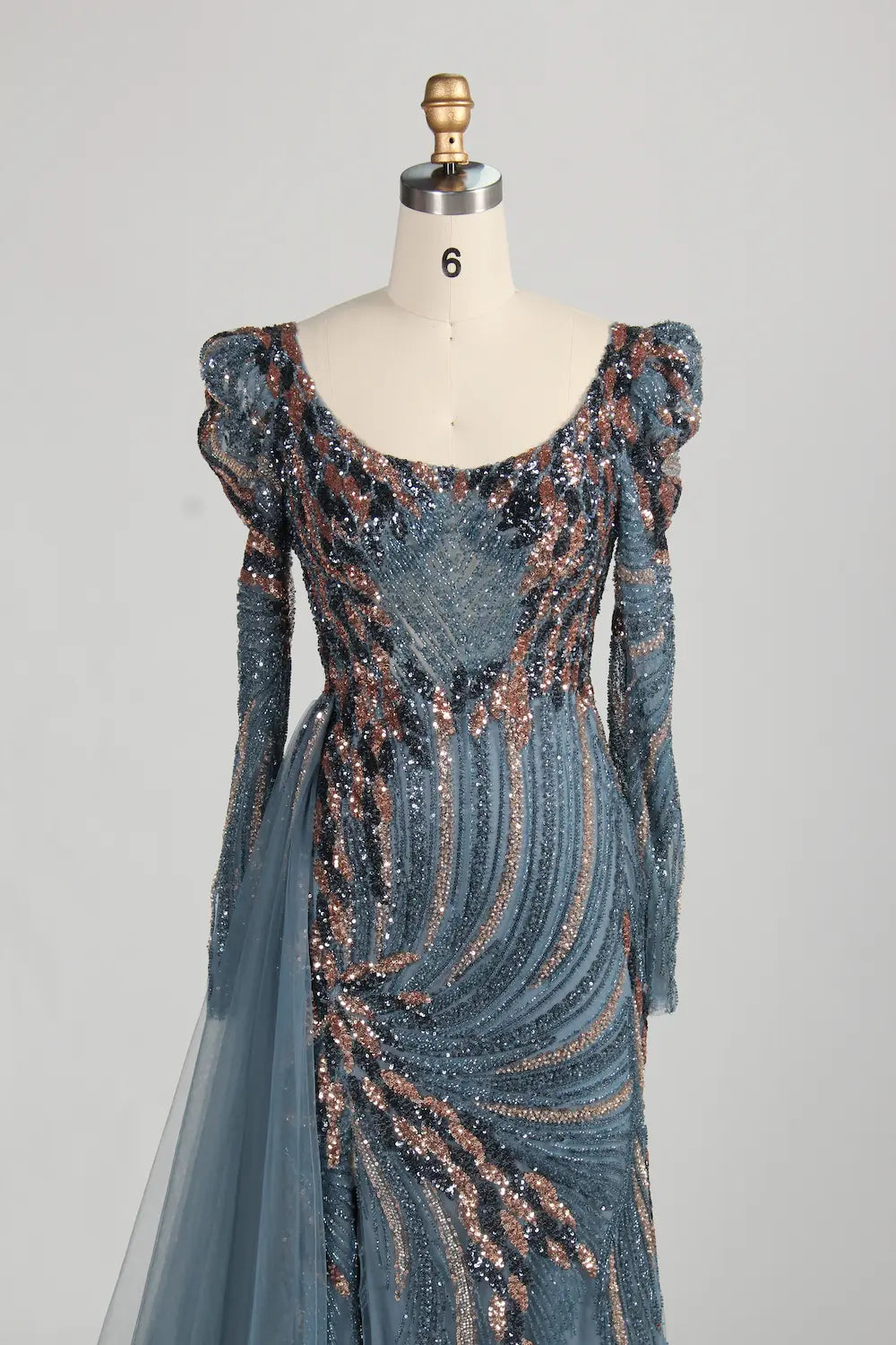 Blue Long Sleeve Sequine Beaded Long Sleeves Side Overskirt MOB Dress MC144