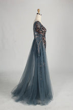 Blue Long Sleeve Sequine Beaded Long Sleeves Side Overskirt MOB Dress MC144