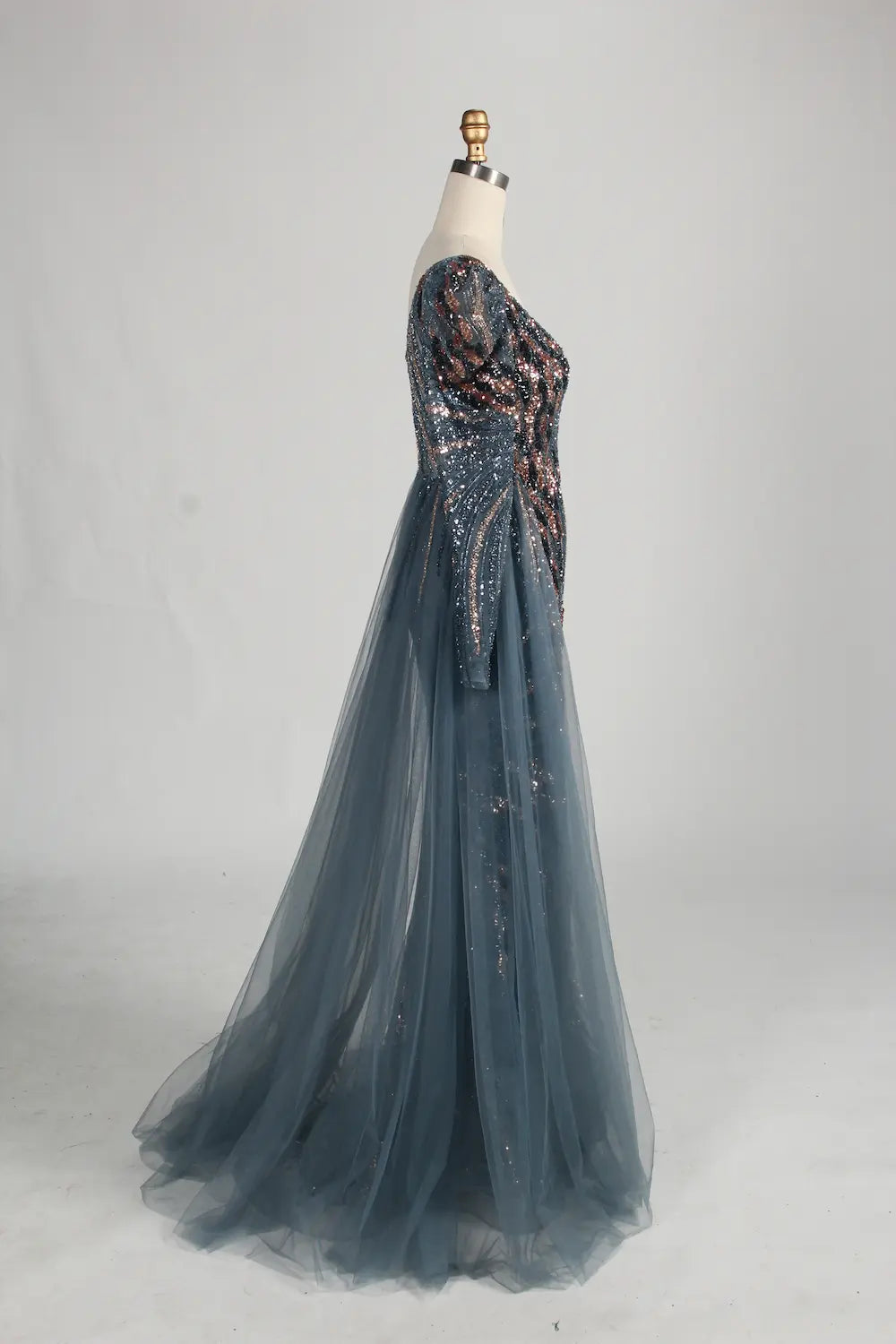 Blue Long Sleeve Sequine Beaded Long Sleeves Side Overskirt MOB Dress MC144
