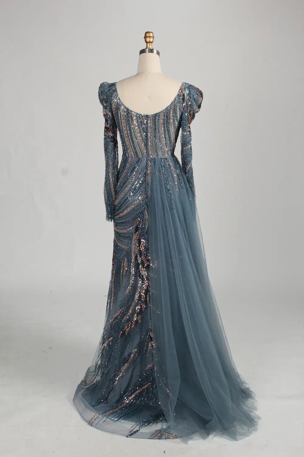 Blue Long Sleeve Sequine Beaded Long Sleeves Side Overskirt MOB Dress MC144
