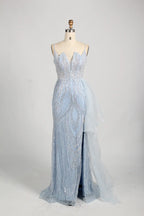 Beaded Mermaid Evening Dress with High Slit and Draped Side Panel KY035