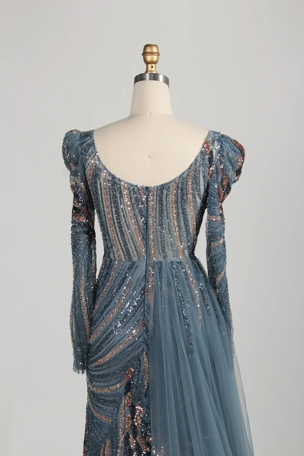 Blue Long Sleeve Sequine Beaded Long Sleeves Side Overskirt MOB Dress MC144