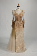 Champagne Sequine V-Neck Long Sleeves Mother of the Bride Dress MC145