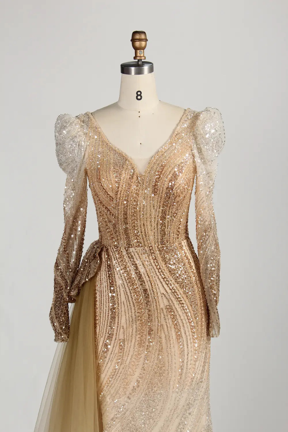 Champagne Sequine V-Neck Long Sleeves Mother of the Bride Dress MC145