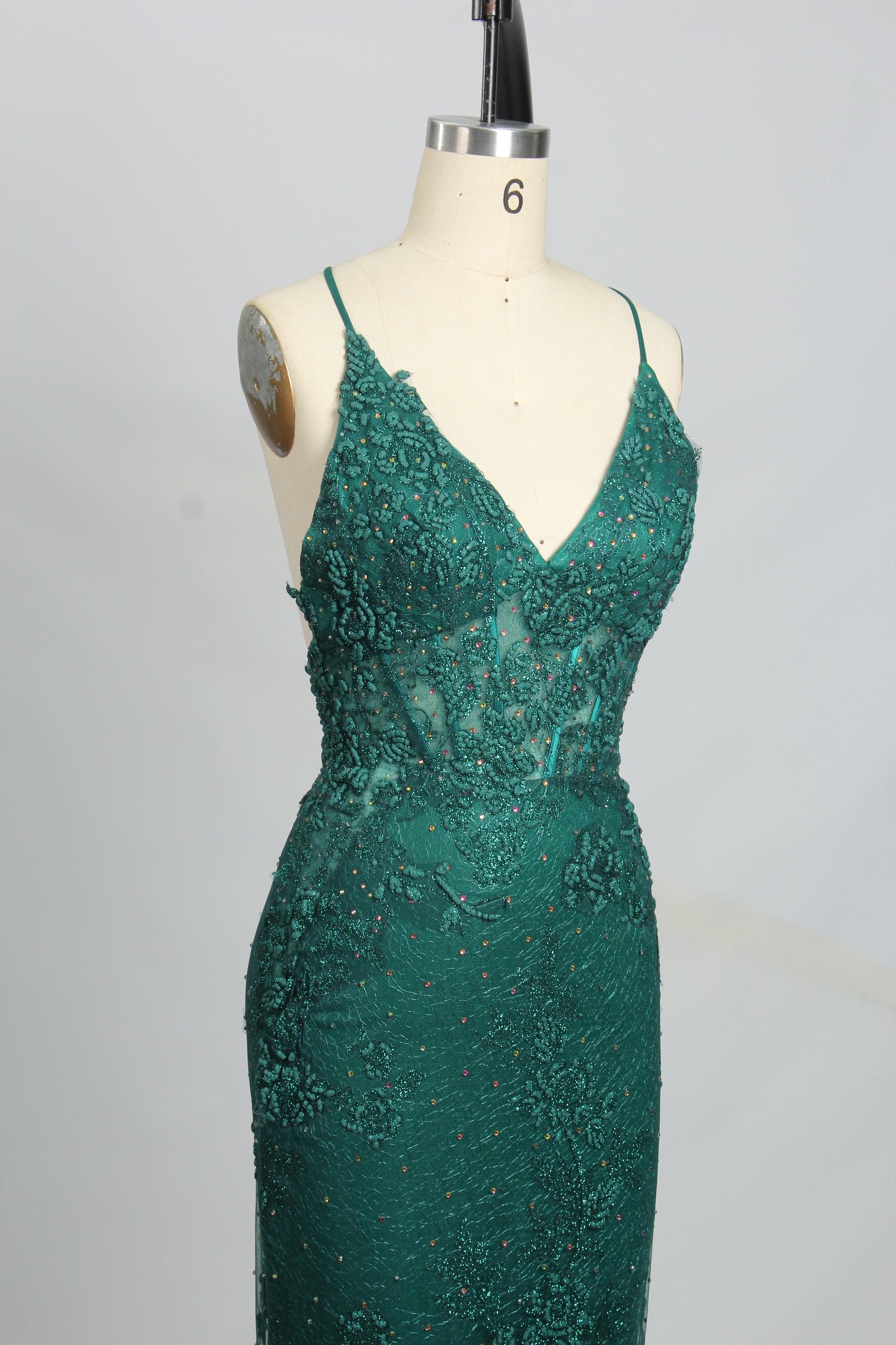 Wholesale Emerald Green Lace Prom Dress - Open - Back Mermaid Evening Gown 32726