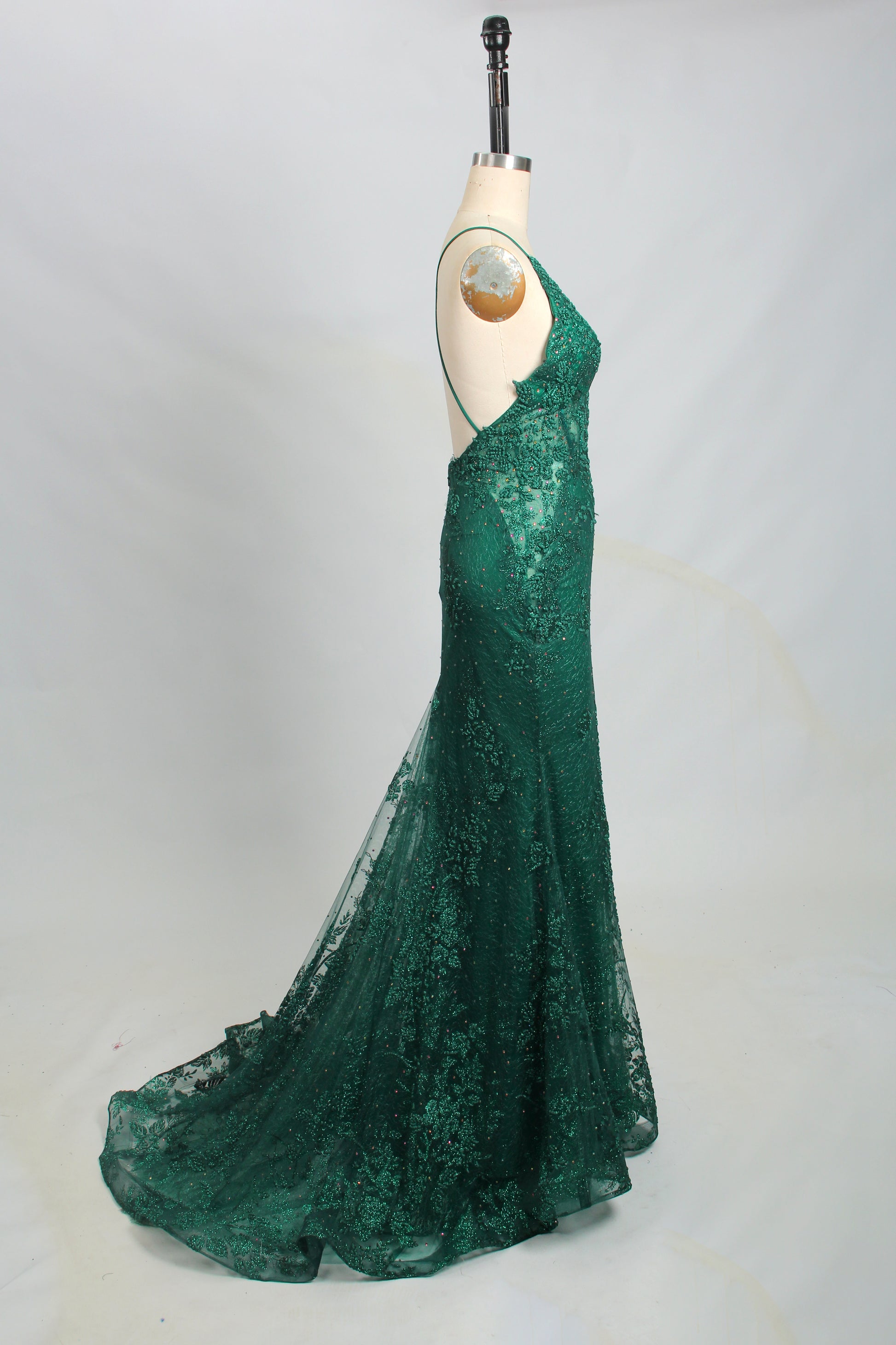 Wholesale Emerald Green Lace Prom Dress - Open - Back Mermaid Evening Gown 32726