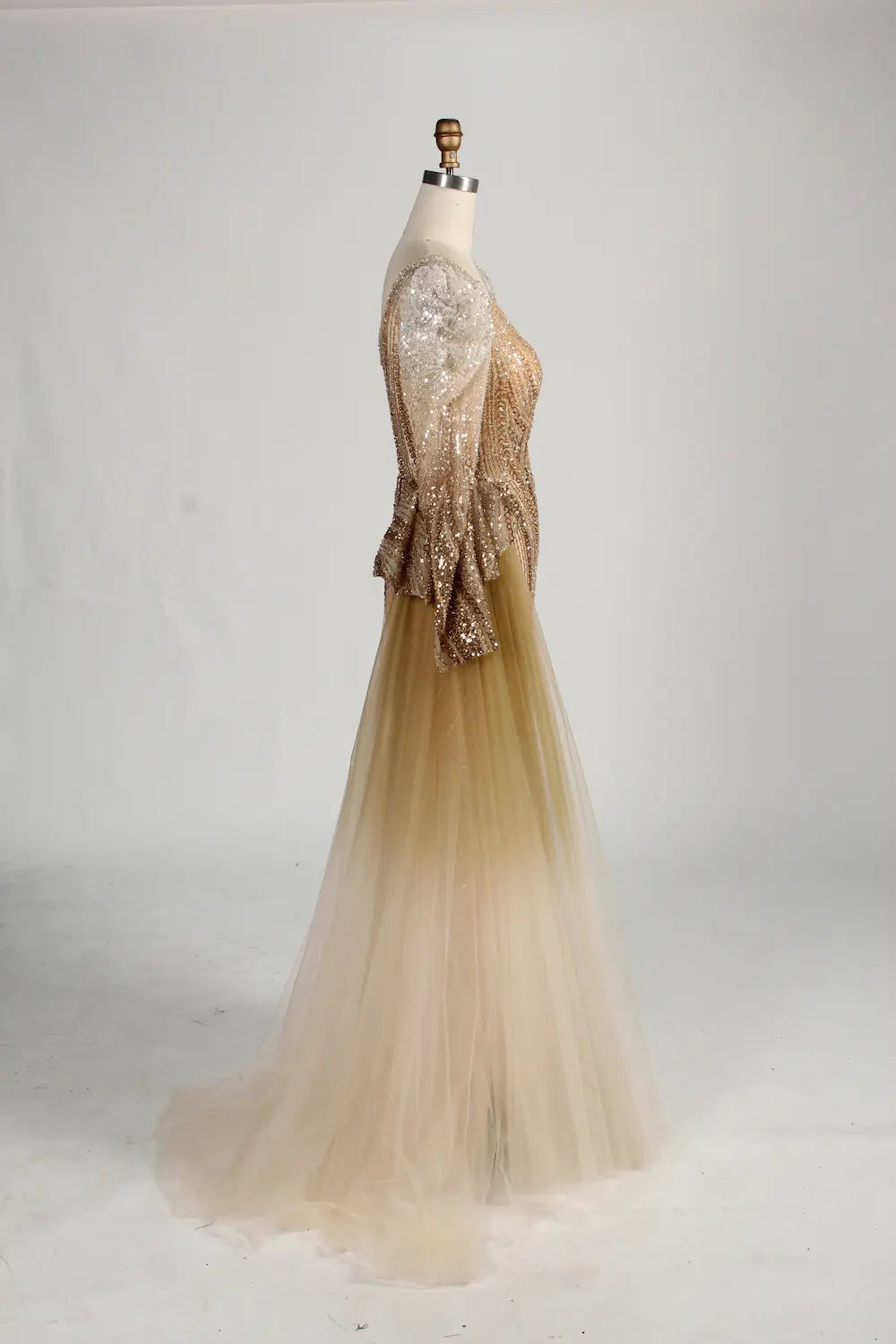 Champagne Sequine V-Neck Long Sleeves Mother of the Bride Dress MC145