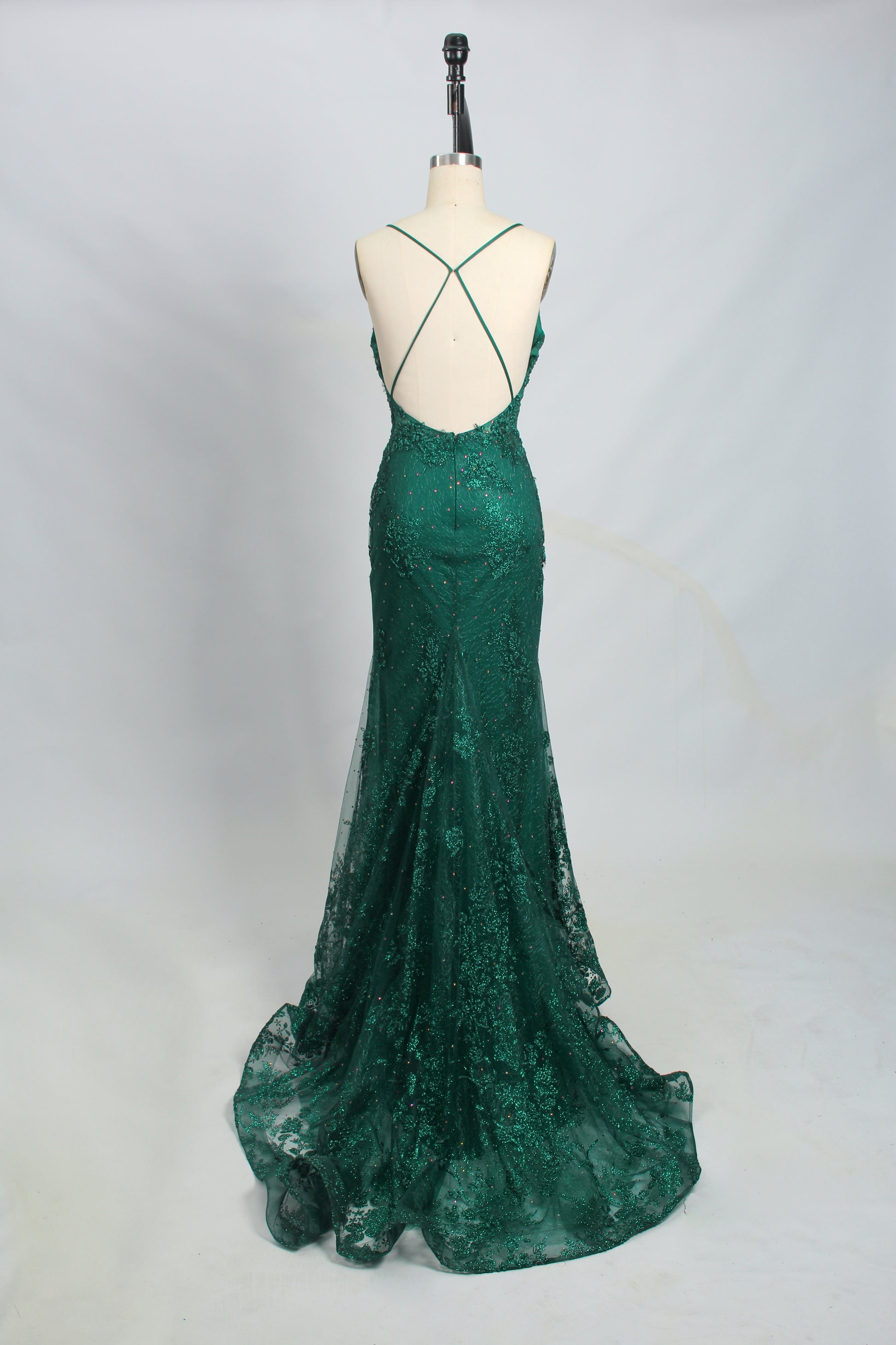 Wholesale Emerald Green Lace Prom Dress - Open - Back Mermaid Evening Gown 32726